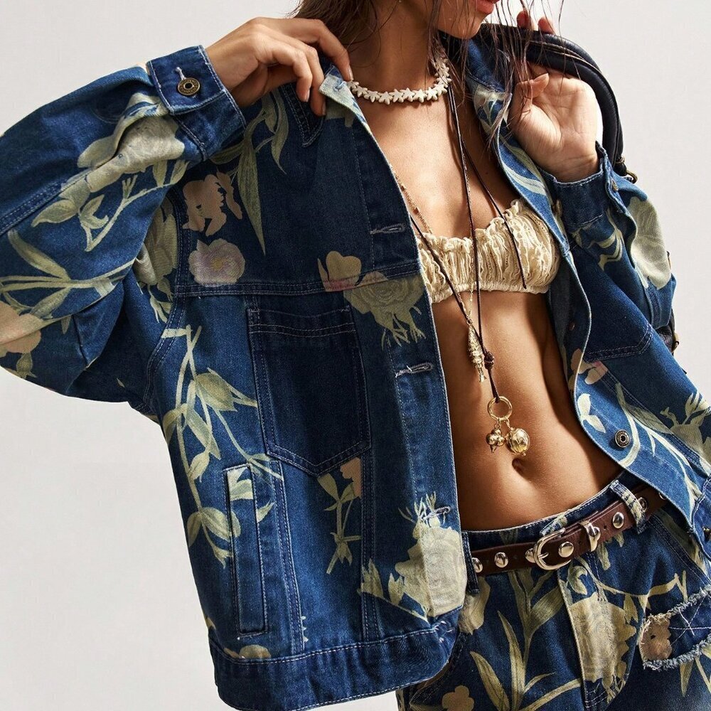 Blue Casual Women's Boho Music Festival Washed Print Denim Jacket